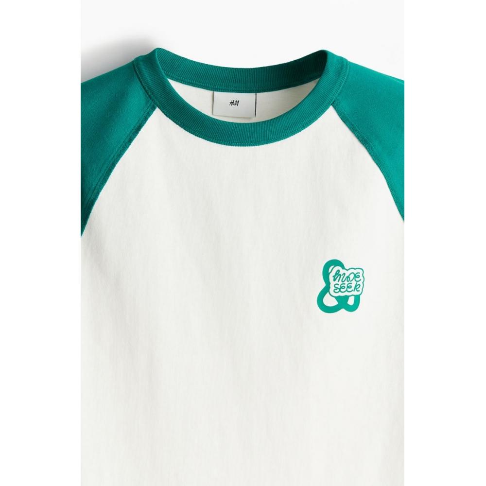 H M Loose FiT PrinTed T sHirT wHiTe Turquoise