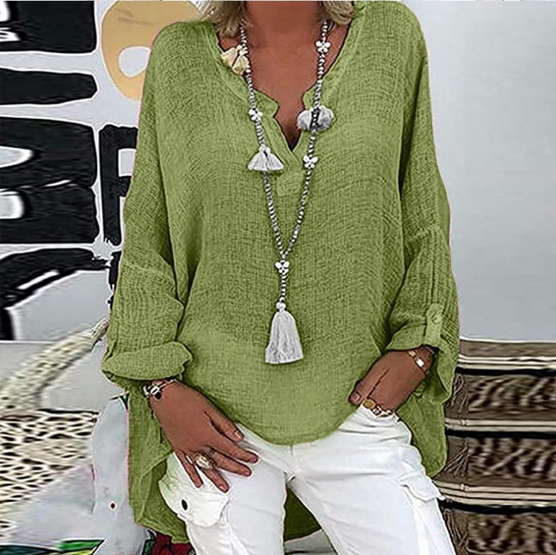 

Женская рубашка с V-образным вырезом, длинным рукавом, средней длины, повседневные топы, однотонная свободная футболка из хлопка и льна, повседневная одежда 5XL зелёный