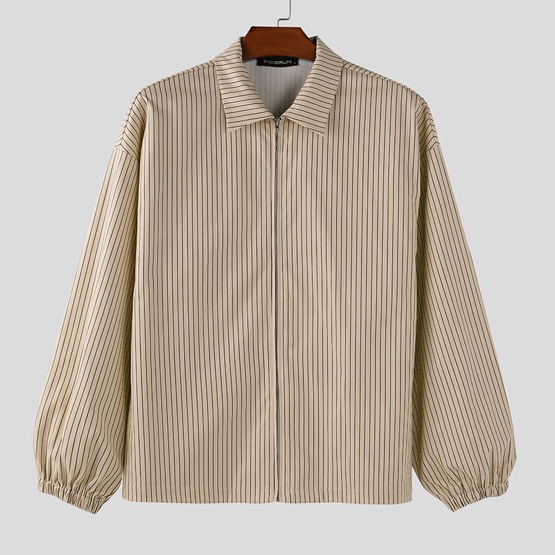 

INCERUN Мужские рубашки оверсайз с длинным рукавом и полосатым принтом, повседневные свободные топы на пуговицах 2XL хаки
