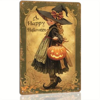 Panneau Métallique Vintage Sorcière d'Halloween avec Citrouille Décoration de Maison Vintage Art Mural 8x12 Pouces Pas d'Électricité Nécessaire Suspendu au Mur