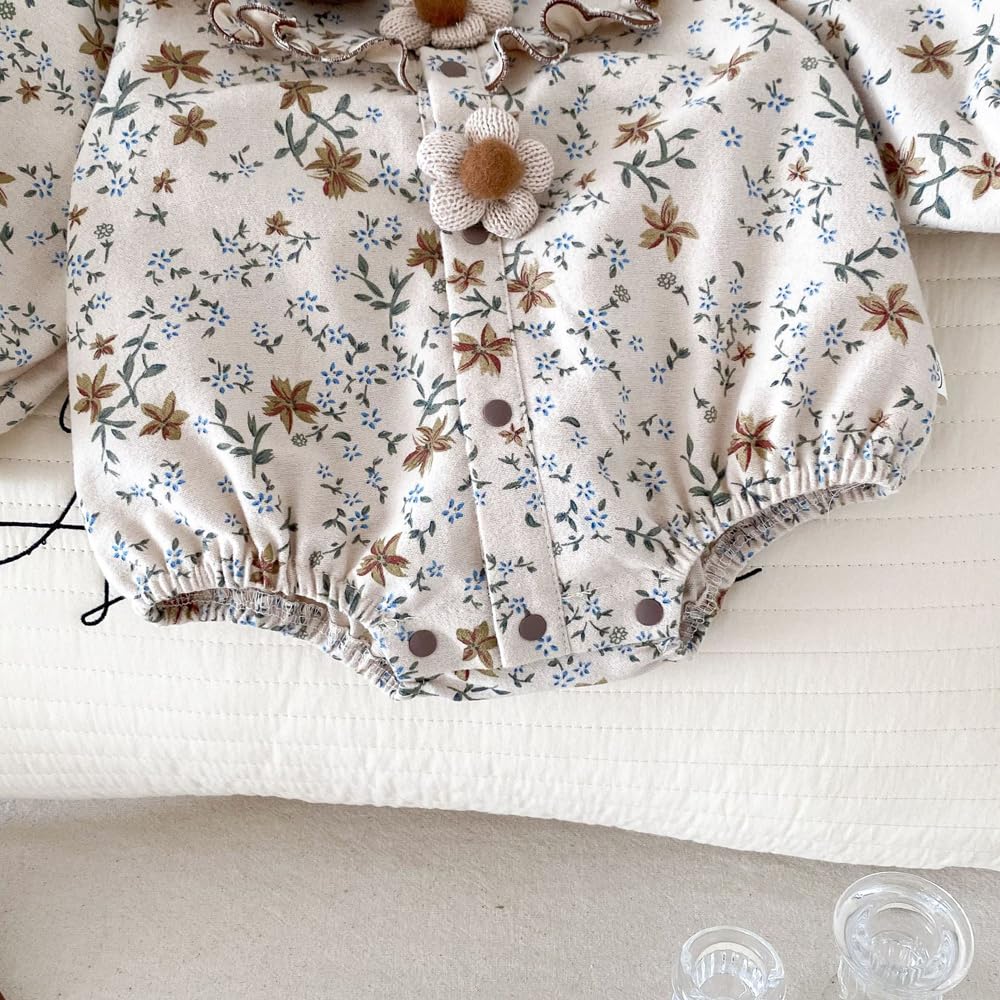 Baby Clothes Bodysuit Long Sleeve Girls Coverall Lace Newborn Baby Preparing for Birth Gift Monthly Photo Collar Floral Pattern Brown 6M [Baby koi]