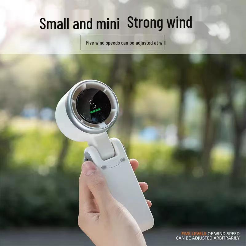 N607 Portable High-Speed Turbo Handheld Fan with Digital Display, USB Charging, Neck-Hanging Option, and Foldable Design.