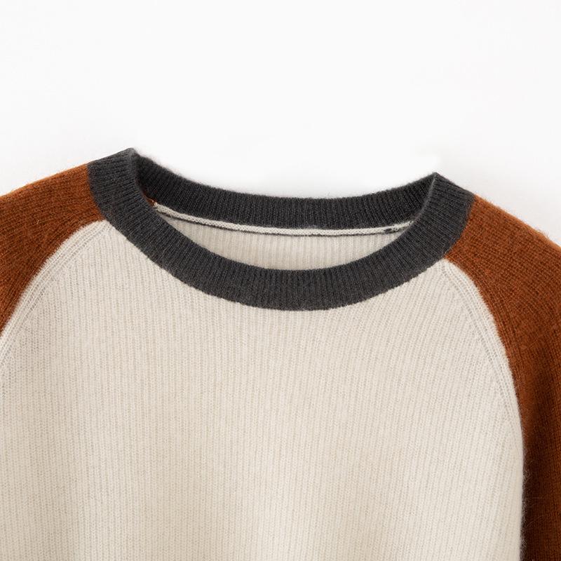 2025 Autumn/Winter Women's Color Block Cashmere Round Neck Loose Knit Sweater