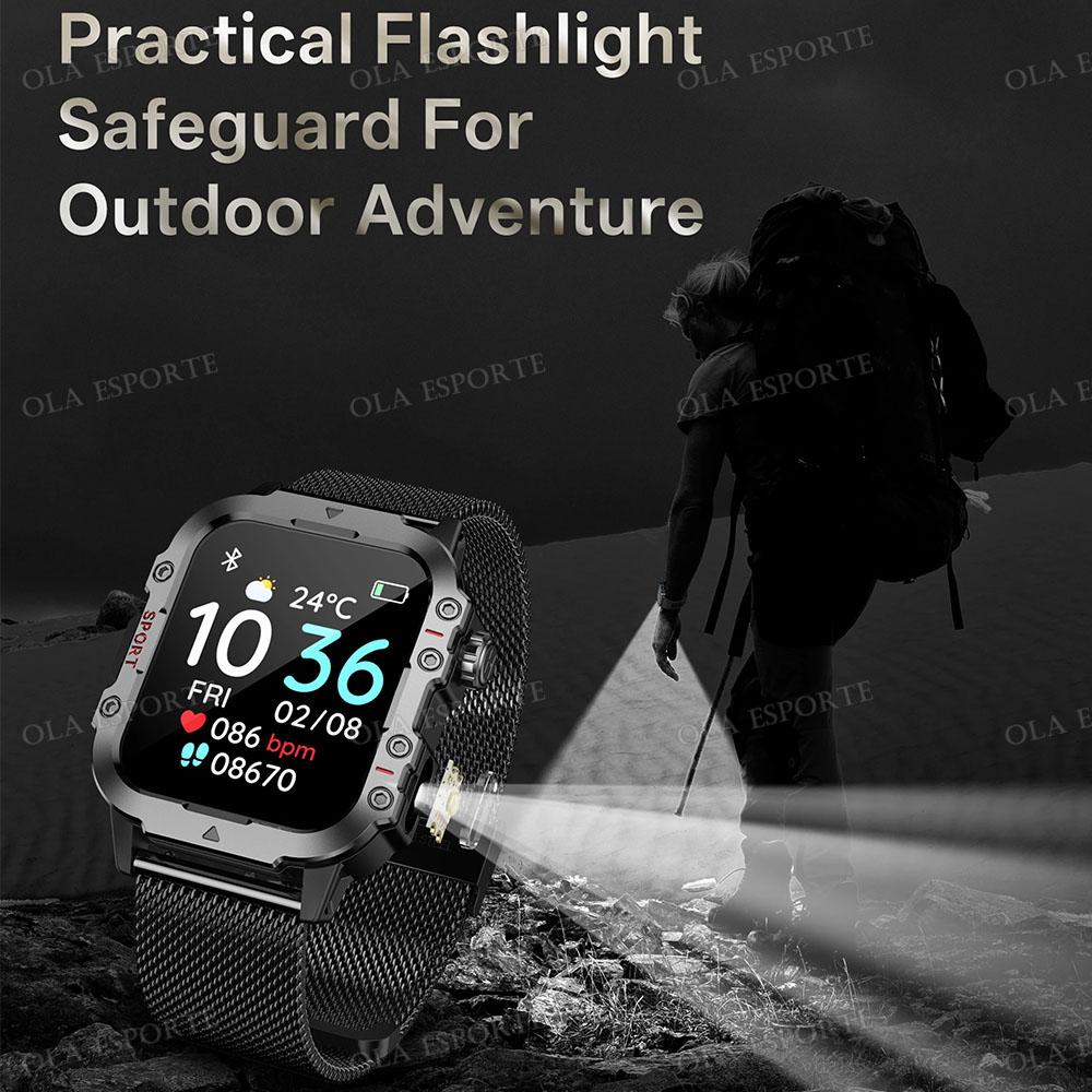 New Outdoors Smart Watch LED Flashlight IP68 WaterProof Multi-Sport Mode Heart Rate Blood Oxygen Monitoring Men Smartwatch