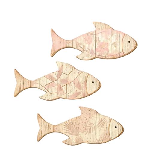 3Pcs/Set Wooden Fish Wall Decoration, Plants Pattern Fish Wall Art for Beach, Lake House, Nautical Coastal Ocean Theme Hanging Ornament 3pcs