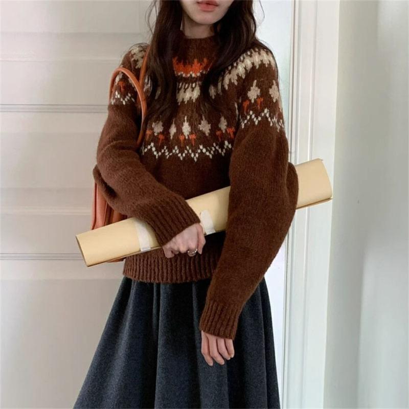 

Контрастные цвета Вязаный свитер Fair Isle топ осень и зима новый свободный дизайн ниша круглый вырез пуловер свитер женская одежда One size темно-коричневого