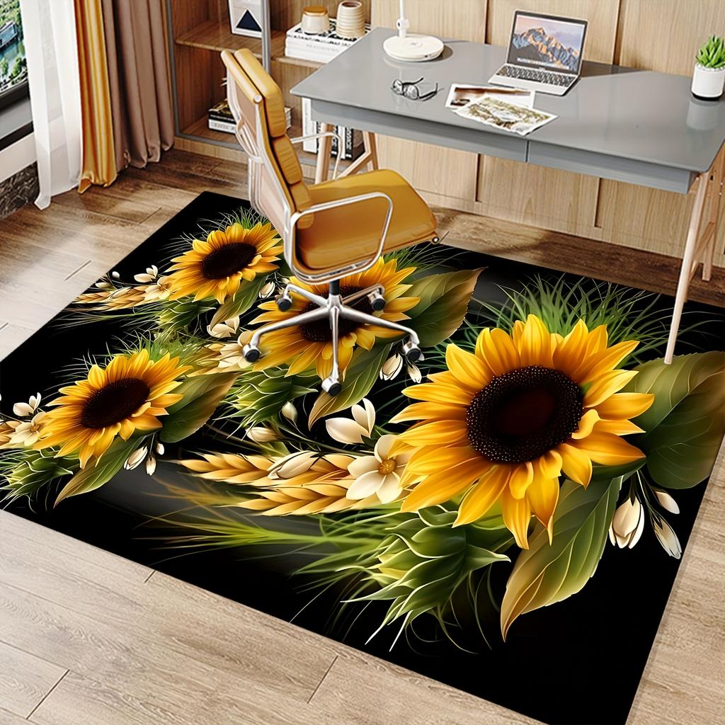 Large Vibrant Sunflower Area Rug – Non-Slip Polyester Floor Mat with Wheat & Butterfly Accents, Perfect for Bedroom, Living Room