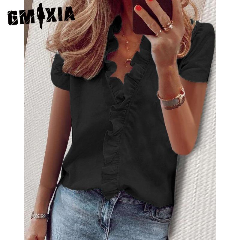 GMXIA Women's Fashion Casual Solid Color Print Short Sleeve V Neck Blouses & Shirts