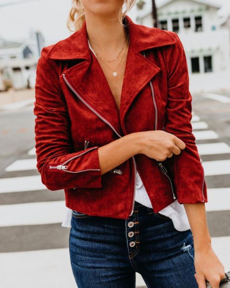Multiple Zippers Outerwear Fashion Autumn Women Jacket Lapel Winter S красный