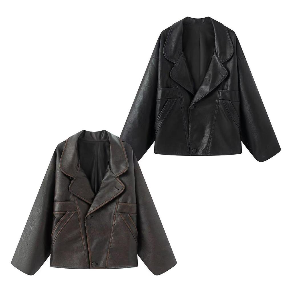 European & American Style Women's PU Leather Three-Button Jacket with Turn-Down Collar