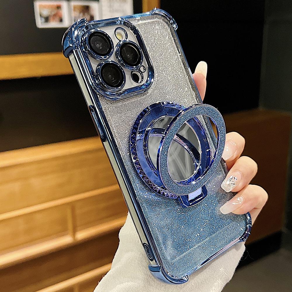Plating Flash Mirror Holder Stand Soft Silicone Four Corners Air Cushion Shockproof Protection Case for iPhone Huawei Honor OPPO Infinix Itel Tecno