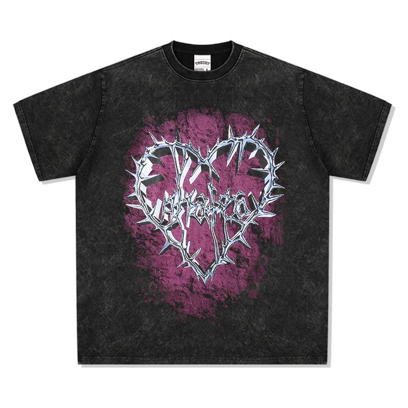Washed Retro High Street Thorns Small Heavy Vintage Printed Short-Sleeved T-Shirt Retro Neckline Love Bottoming Shirt Cotton