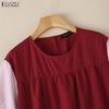 ZANZEA Women Casual Round Neck Stripe Splice Half Sleeve Blouse