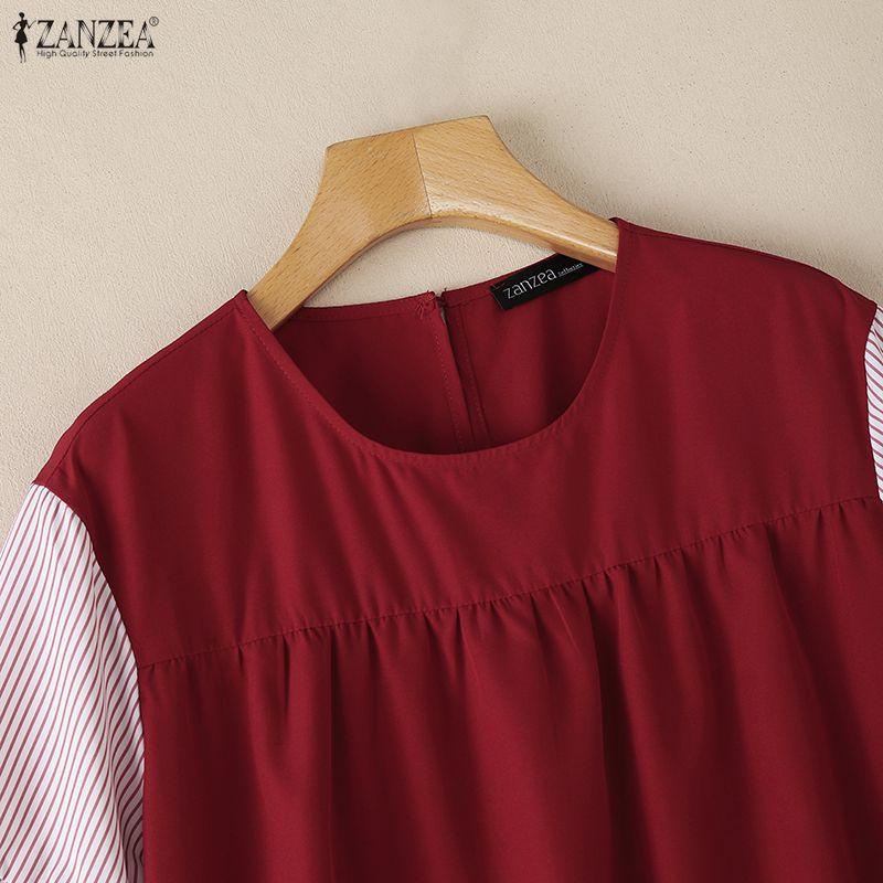 ZANZEA Women Casual Round Neck Stripe Splice Half Sleeve Blouse