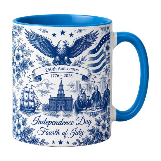 USA 250th Anniversary Blue Mug, Patriotic Ceramic Coffee Cup with Eagle Flag Design, Independence Day Gift for Veterans Men Women