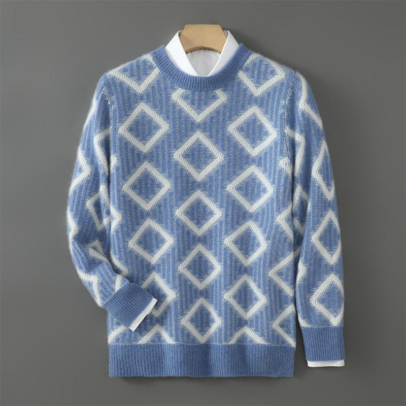 Men's Thick Wool Color Block Sweater - Casual Round Neck Knit Pullover for Autumn & Winter