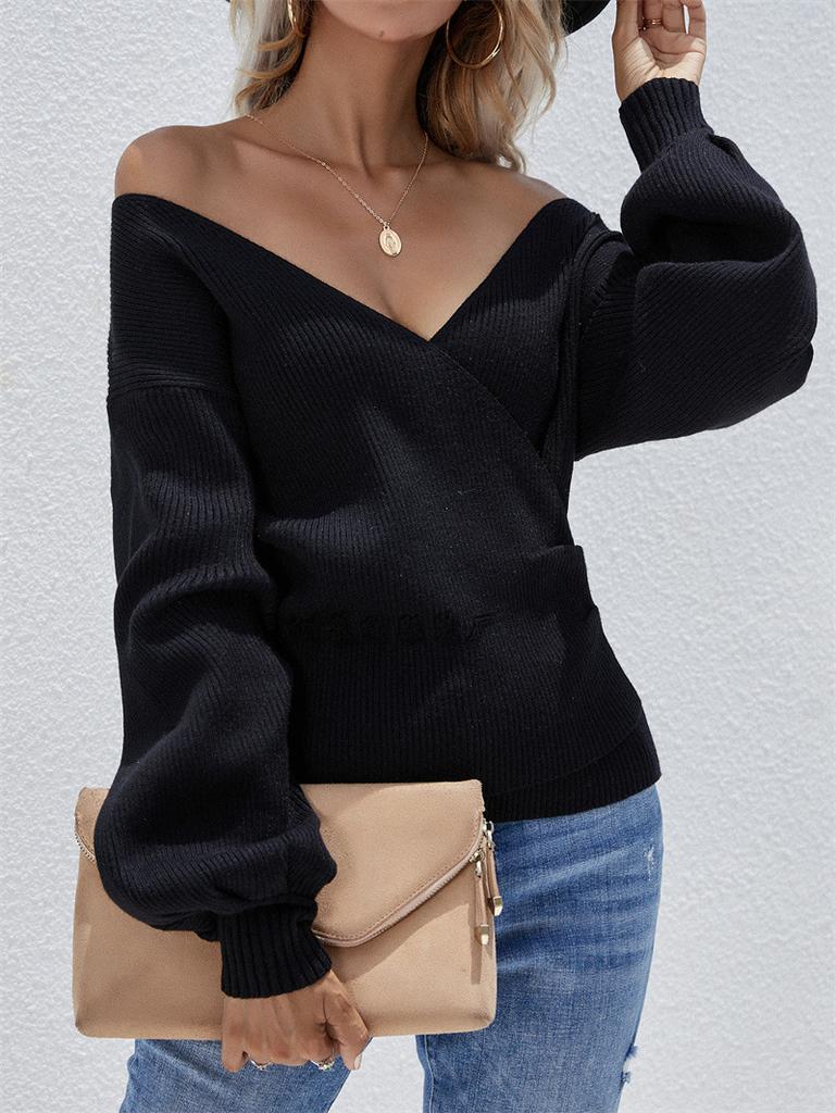 Autumn and Winter Cross V-neck Solid Color Knitted Sweater European and American Women's Clothing Pullover Needle Loose Sweater Women