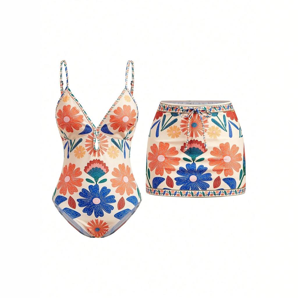 Women Printed Bohemian Spaghetti Strap One Piece Swimsuit Vacation Beach Swimwear