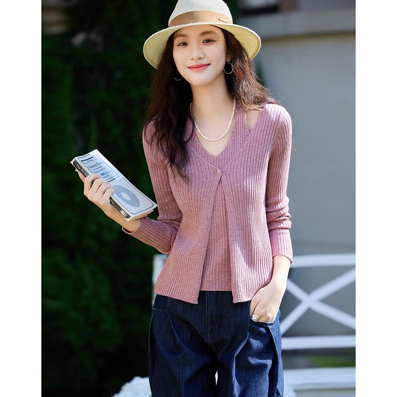 Women's V-Neck Faux Two-Piece Wool Blend Knit Cardigan