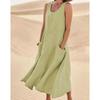 Women's Cotton Linen Midi Dress Sleeveless Scoop Neck Pockets Loose Fit Summer Dress