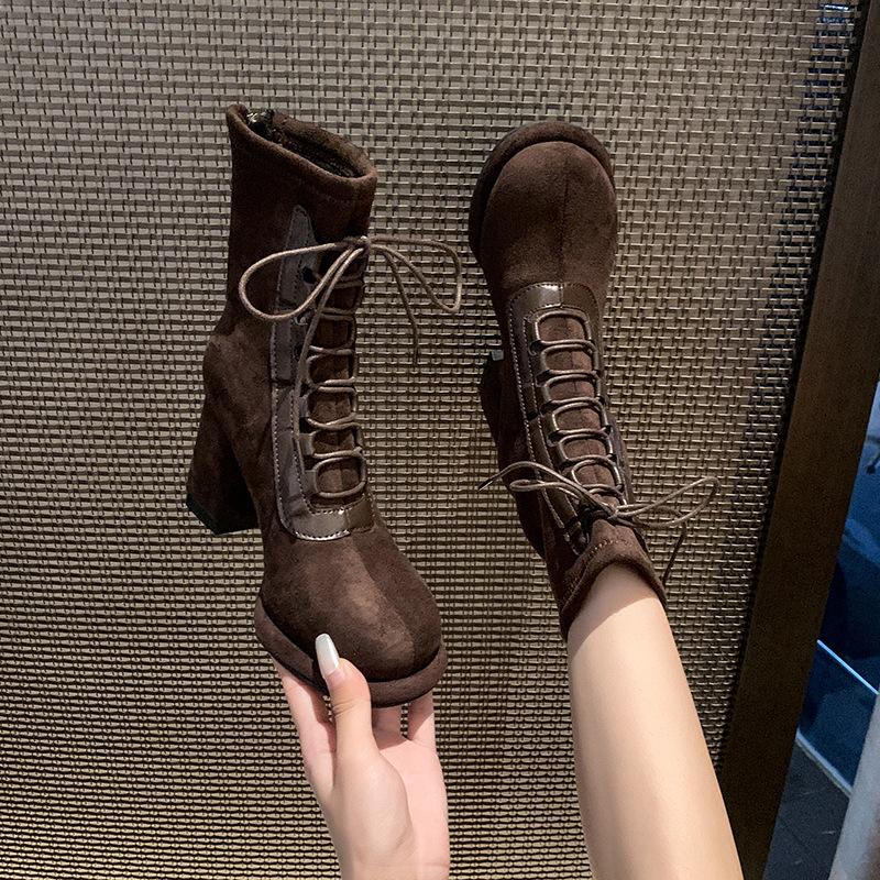 Women's heightening rough cotton round head suede new small back zipper boots straps autumn and winter fashion boots high heel