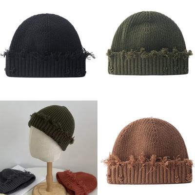 Trendy Ripped Knitted Hat Soft Unisex Streetwear Skull Hat Comfortable Winter for Street Fashion