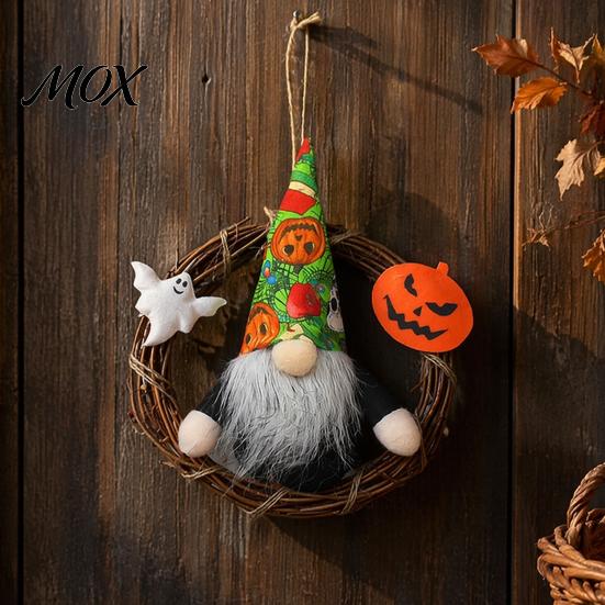 Hanging Door Decoration Halloween Gnome Wreath, Faceless Rattan Rustic Party Decor with Pumpkin Ghost for Front Wall Holiday Wreath