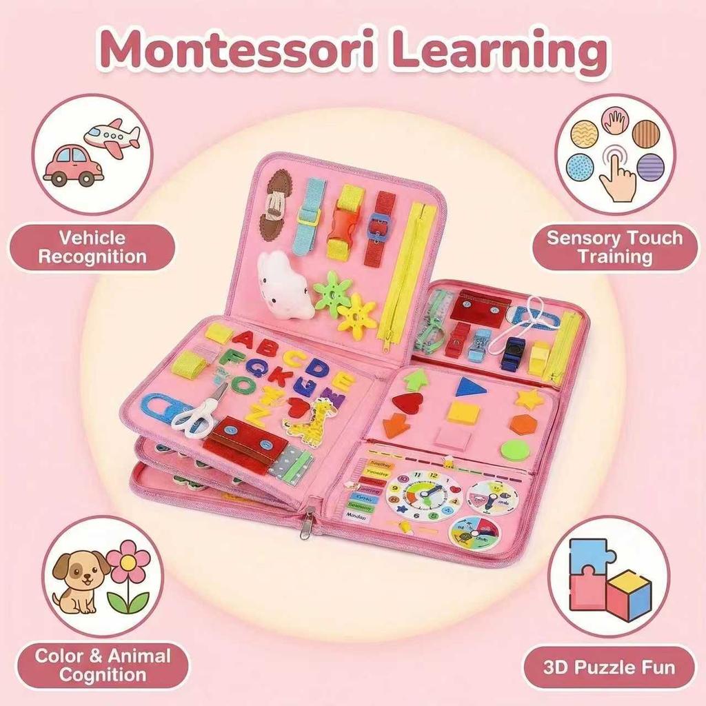 Educational 7IN1 Pink Felt Busy Board Sensory Motor Skill Activity Developing Book Toddler Learning Cognitive Exercise Girl Toy