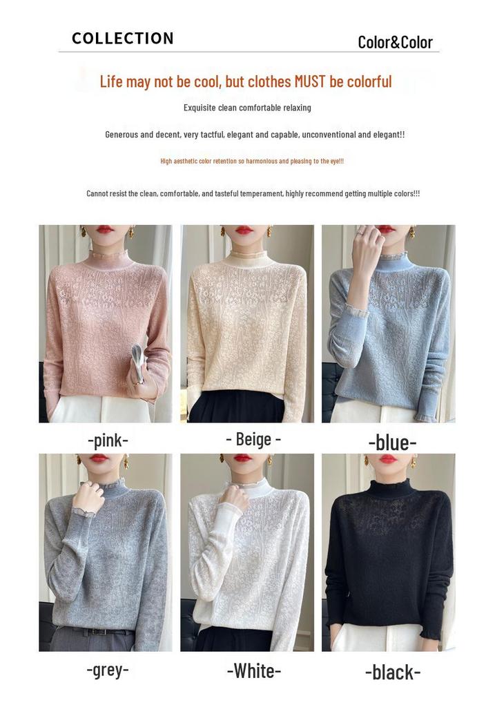 2025 Women's Lace Patchwork High Collar Imitation Wool Sweater with Ruffle Trim