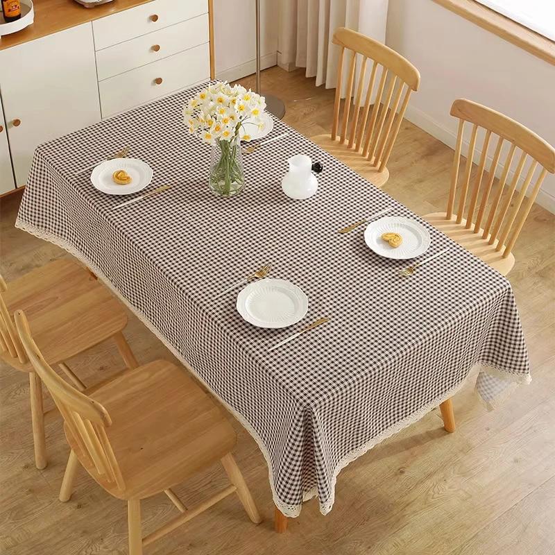 Nordic Style Coffee Grid Tablecloth Rectangle Tablecloth with Lace Dust-Proof Table Cover for Kitchen Dinning Table Decoration