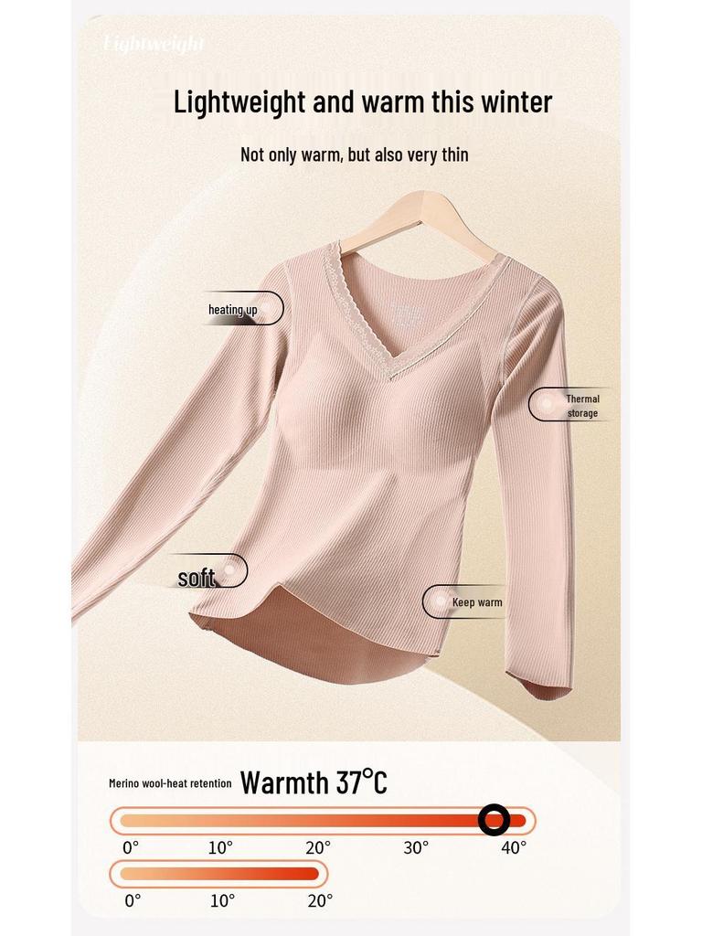 Women’s Cashmere Silk Slimming Underwear Set with Built-In Bra: Warm Cotton-Wool Long Sleeve Top & Bottoms for Autumn/Winter