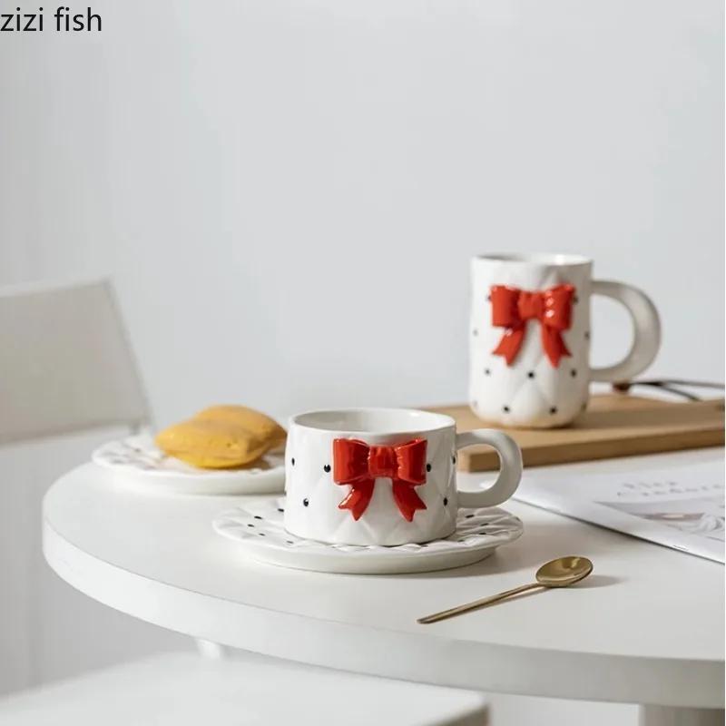 Bow Knot Ceramic Cup and Plate Set Girls Coffee Mug  Home Breakfast Cups Office Afternoon Tea Cup Water Cups Milk Mug Juice Mugs
