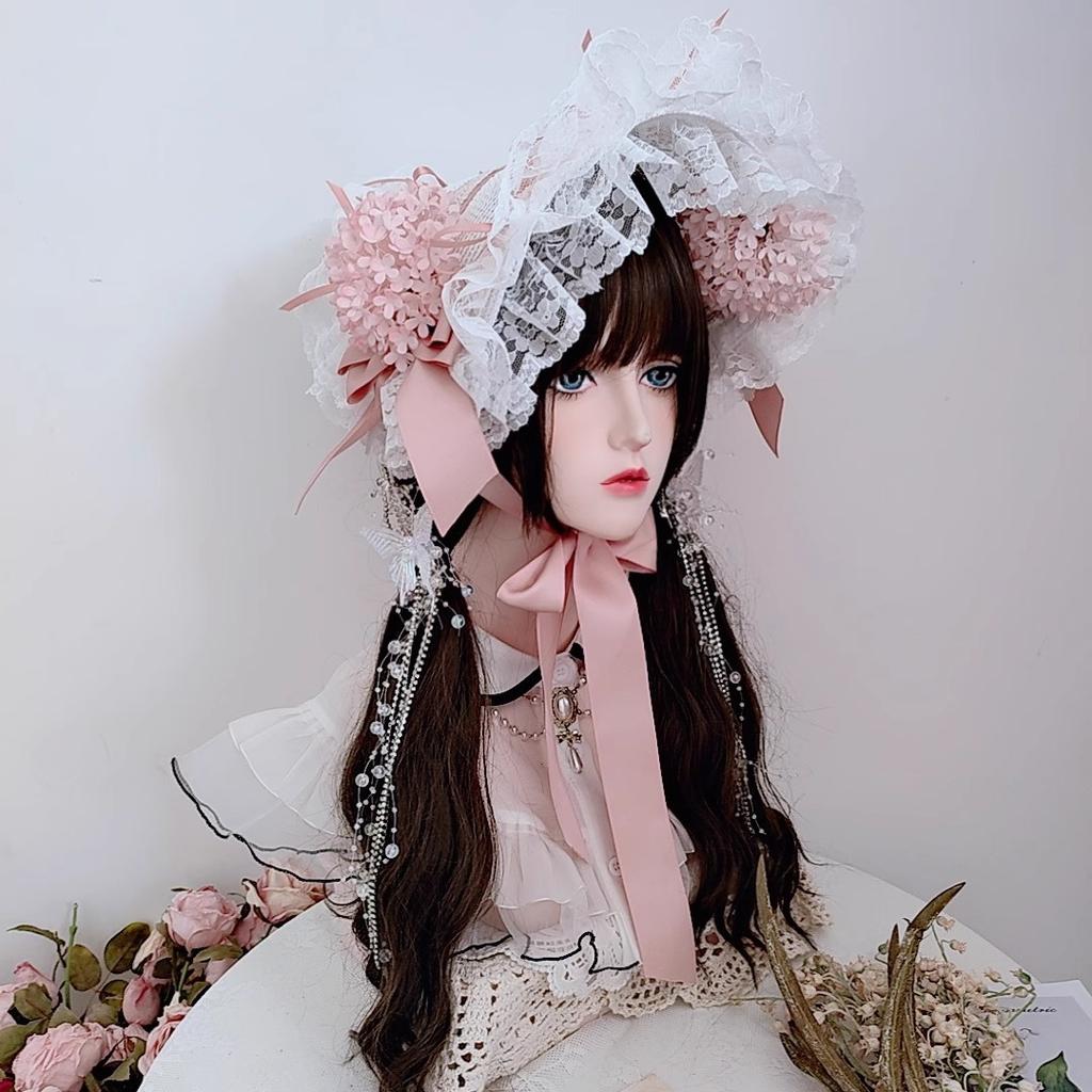 Handmade Vintage Victorian Gothic Tea Party Lace Straw Hat Lolita Girls Flowers Bonnet with Ruffles Halloween Black Headdress