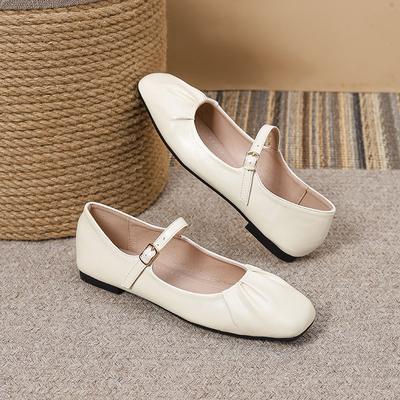 Comfortable Square Head Soft Sole Beanie Shoes French Mary Jane Women'S Shoes Simple Pleated Girl Wear Retro Flat Shoes