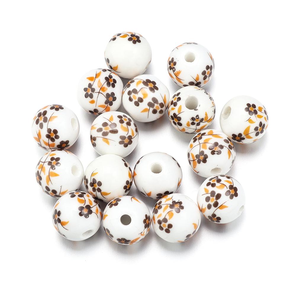 50Pcs 10mm Round Ceramic Beads Colorful Plum Blossom Sunflower Pattern Loose Porcelain Beads For DIY Bracelet Necklace Jewelry