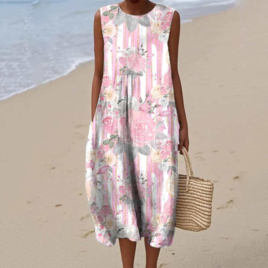 Summer European and American women's new sleeveless seaside vacation D printing dress