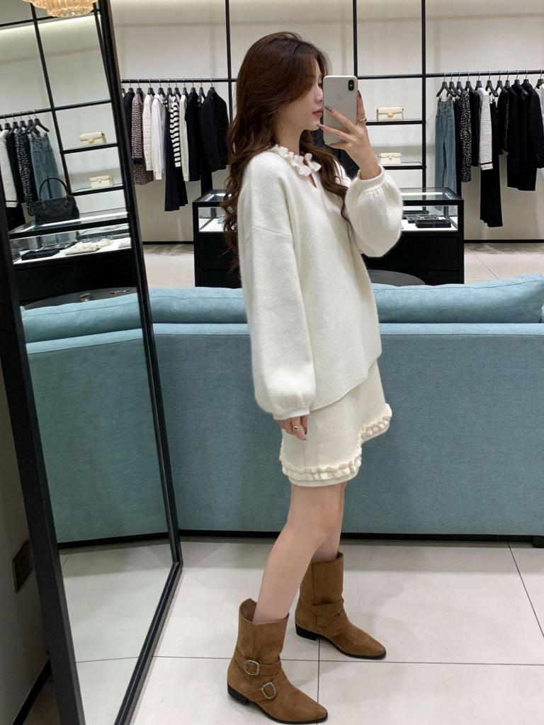 Elegant Winter Knit Sweater & Skirt Set with Lace V-Neck