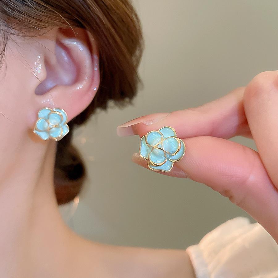 French fresh blue geometric flower resin earrings light luxury stud earrings personality temperament earrings women