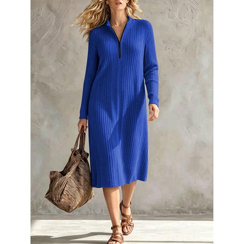 DICFY Women's Fashion Autumn Winter Solid Color Print Long Sleeve V-Neck Casual Dresses