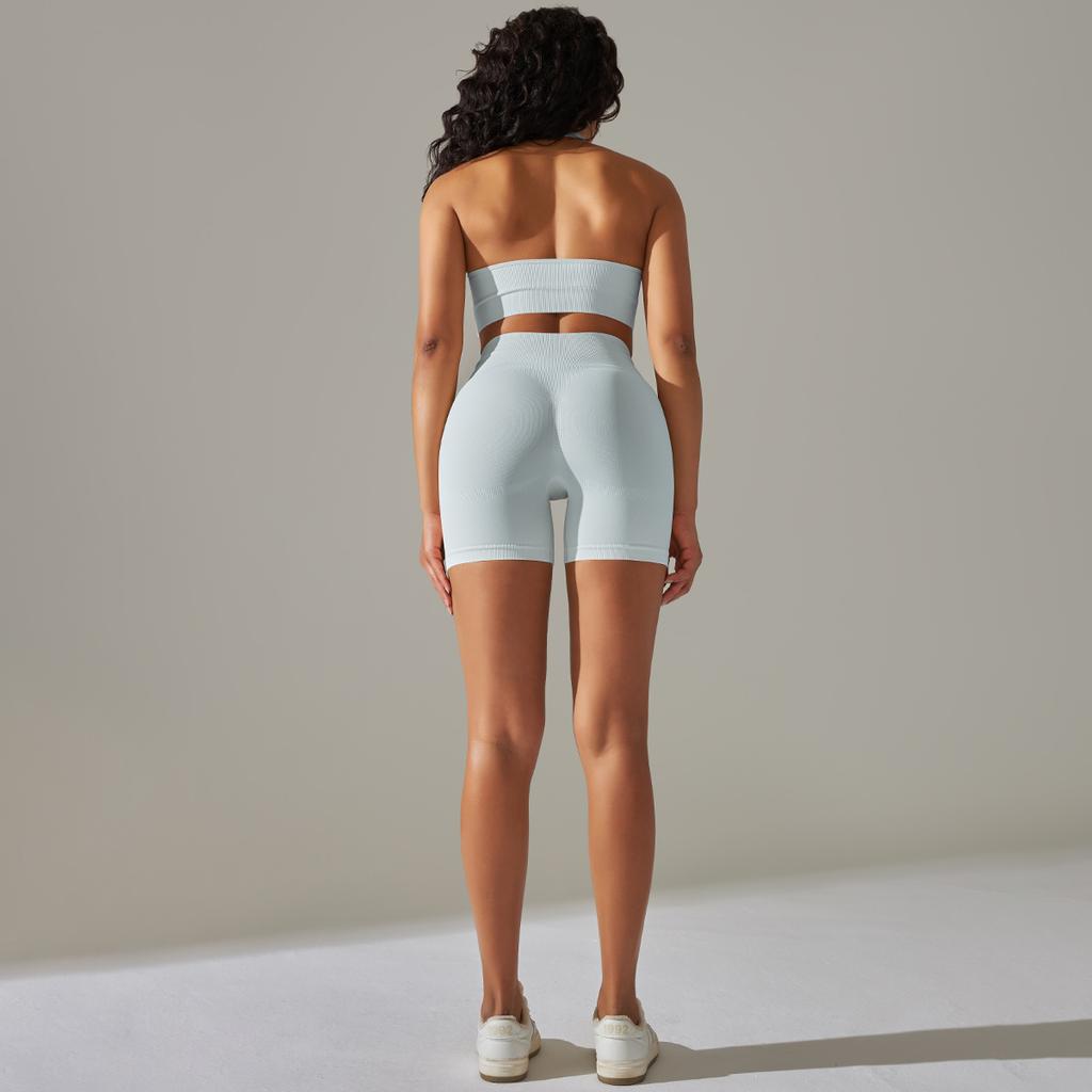 Seamless Knitted Back High Elasticity Sports Bra Yoga Set Running Fitness Shorts Two Piece Set For Women
