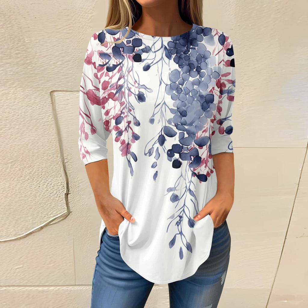 Women's Loose Round Neck Print 3/4 Sleeve T-Shirt Top Pullover