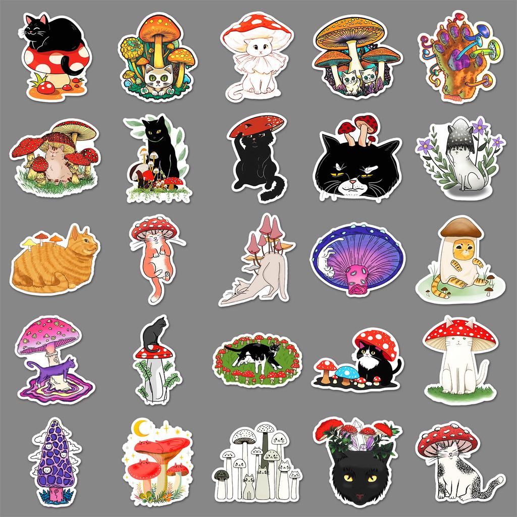 50 Cat Mushroom Graffiti Stickers Personalized Cartoon Animals and Plants Decorative Mobile Phone Case Water Cup Creative Stickers
