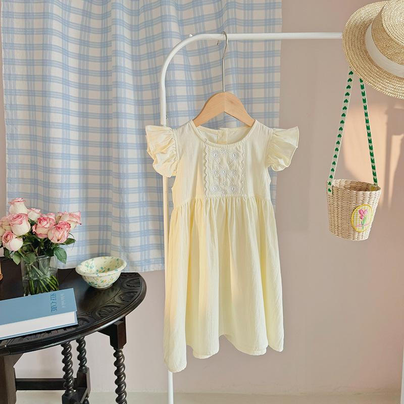 Exquisite Floral Embroidered Cotton Puff Sleeve Girls' Dress - Korean Style Summer 2026 Princess Skirt