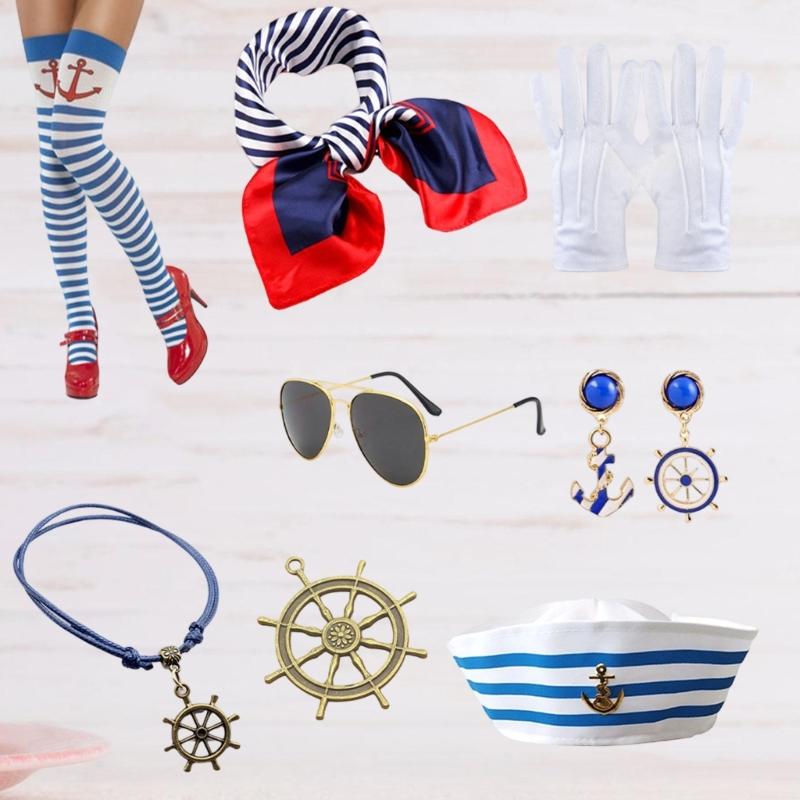 Sailor Girl Costume Set Including Hat Scarf Stocking Glasses Necklace Gloves For Women Halloween Cosplay Role Play Event