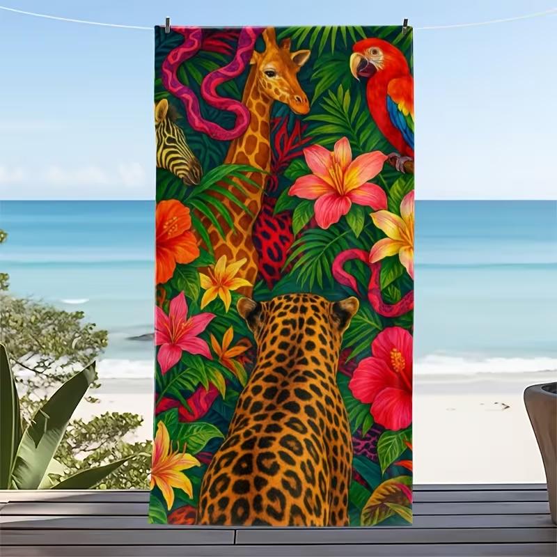 Vintage Tiger Floral Beach Towel Large Soft Absorbent Towel Boho Ethnic Style Animal Print Quick-Dry Lightweight Towel
