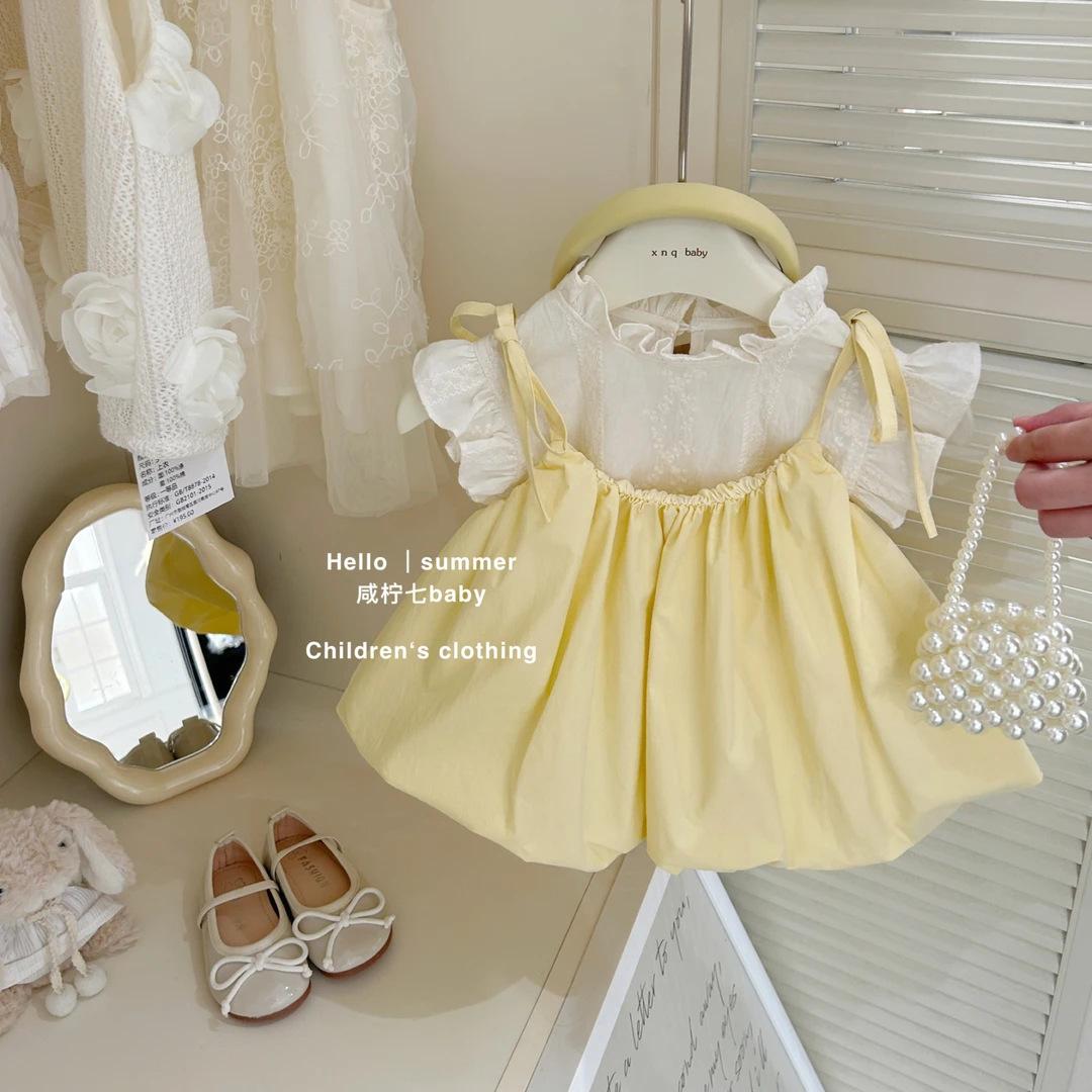 Baby Strap Dress Set Summer New Korean Girls Summer Dress Children Princess Two Piece Set Children Clothing 80 жёлтый