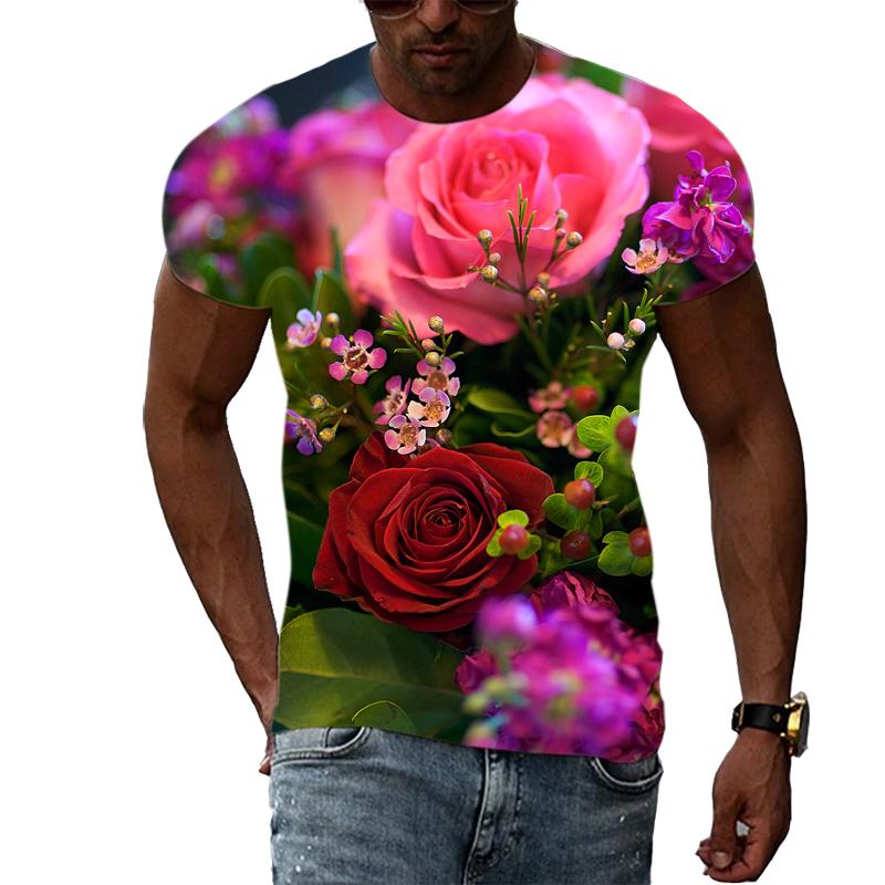 Summer Rose Floral Graphic 3D Print T-shirt Fashion Casual Tees Men Woman Oversized Short Sleeve T Shirt Streetwear Harajuku Top
