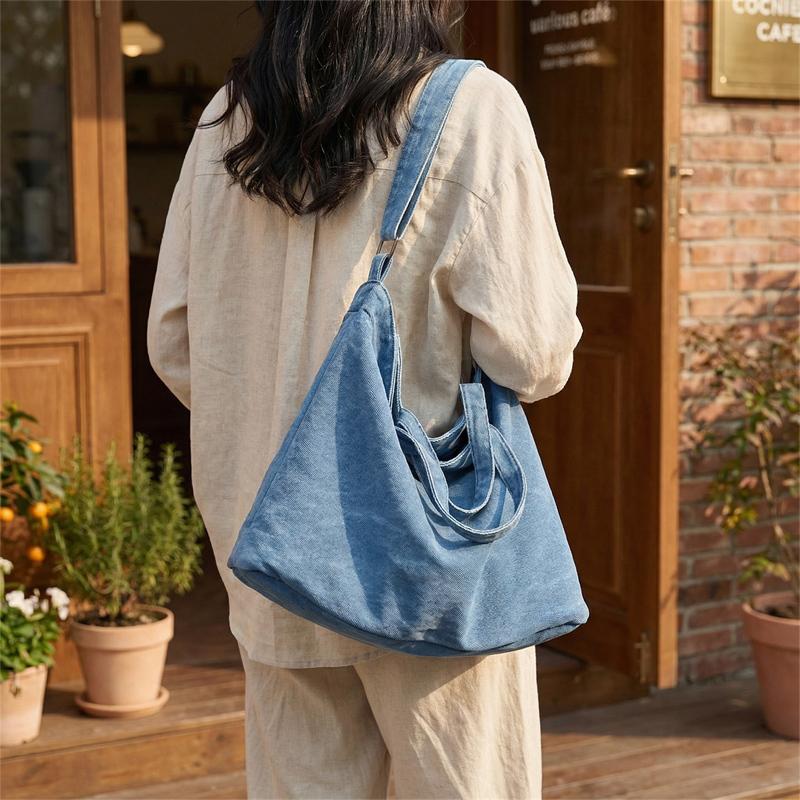 Large Capacity Denim Tote Bag Commuter Handbag Vintage Student Class Shoulder Crossbody Bag