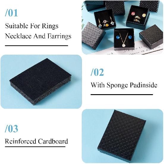 Craftdady 12 vnt. juodos mažos papuošalų dėžutės su deimanto raštu, kartoninės popierinės dovanų dėžutės su dangteliais, karoliukų pakabukai, auskarai, žiedai, tuščios vitrinos dėžutės