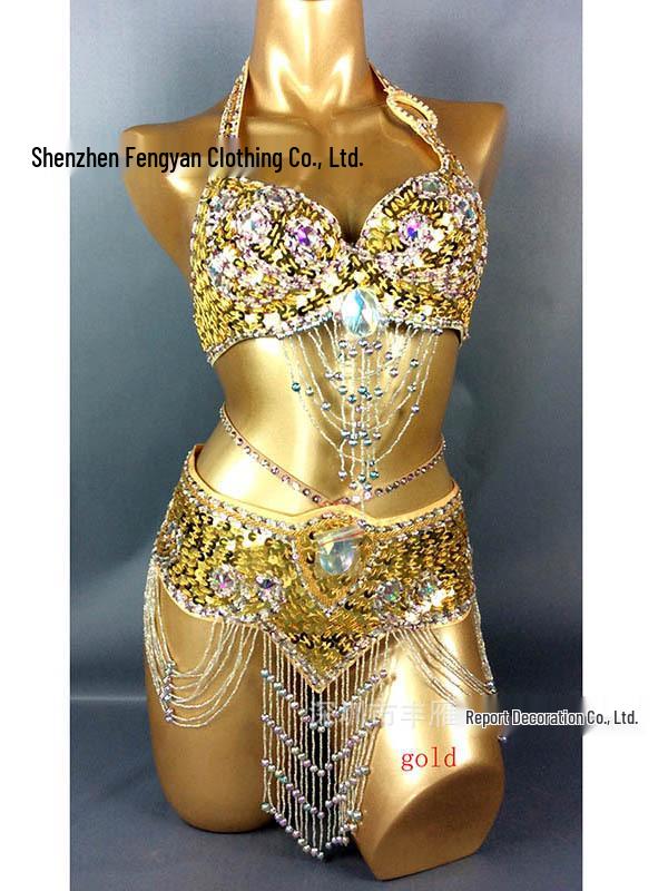 Belly Dance Sequin Bra & Waist Chain Set - Women's Stage Performance Costume